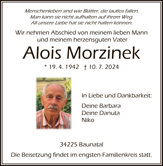 Todesanzeige von Alois Morzinek von HNA