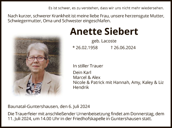Todesanzeige von Anette Siebert von HNA