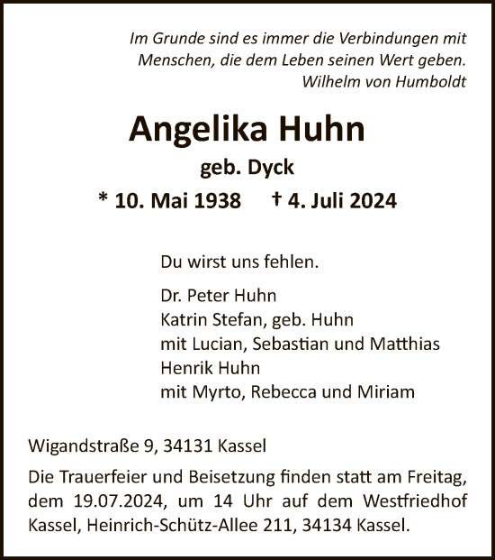 Todesanzeige von Angelika Huhn von HNA
