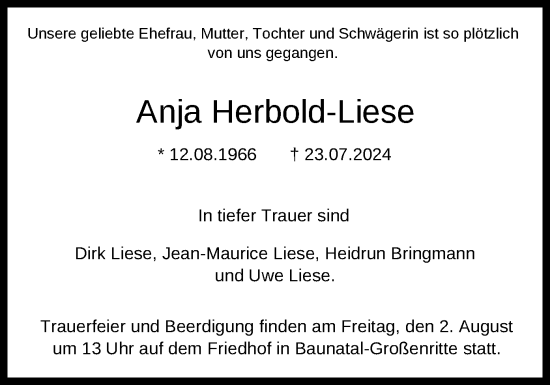 Todesanzeige von Anja Herbold-Liese von HNAHNA