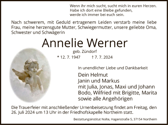 Todesanzeige von Annelie Werner von HNA