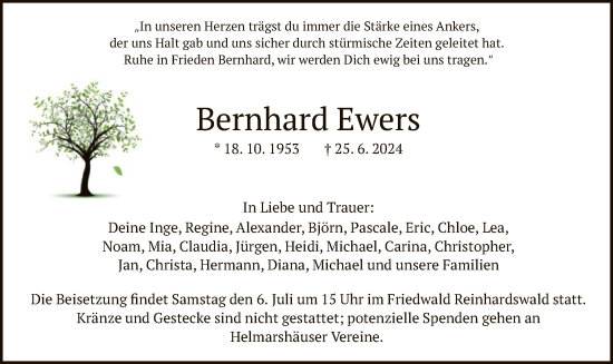 Todesanzeige von Bernhard Ewers von HNAHNA