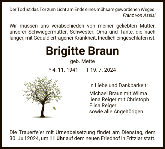 Todesanzeige von Brigitte Braun von HNA