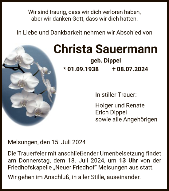 Todesanzeige von Christa Sauermann von HNA