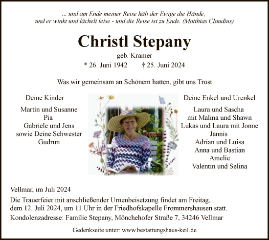 Todesanzeige von Christl Stepany von HNA