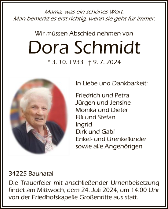 Todesanzeige von Dora Schmidt von HNA
