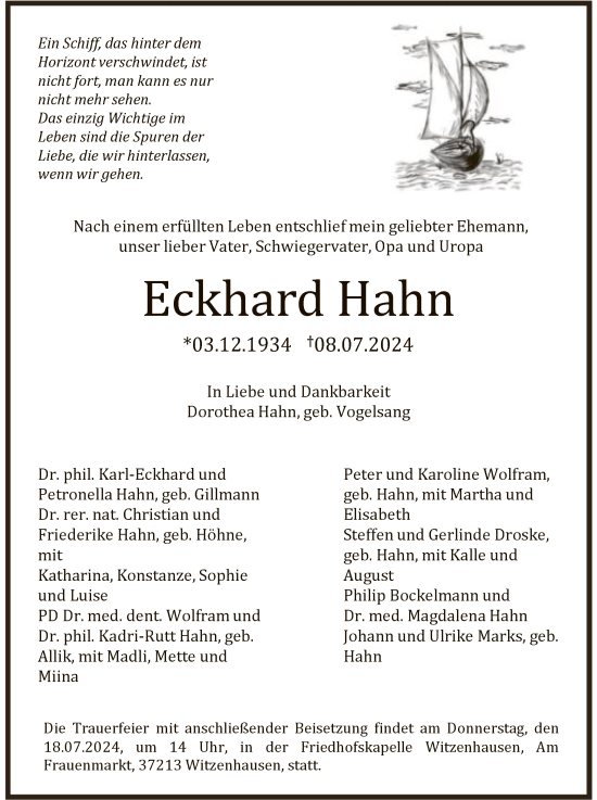 Todesanzeige von Eckhard Hahn von HNA