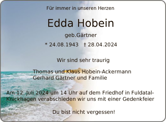 Todesanzeige von Edda Hobein von HNA