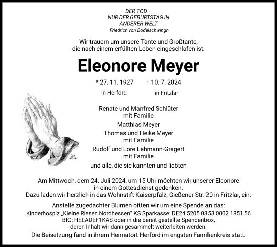 Todesanzeige von Eleonore Meyer von HNA