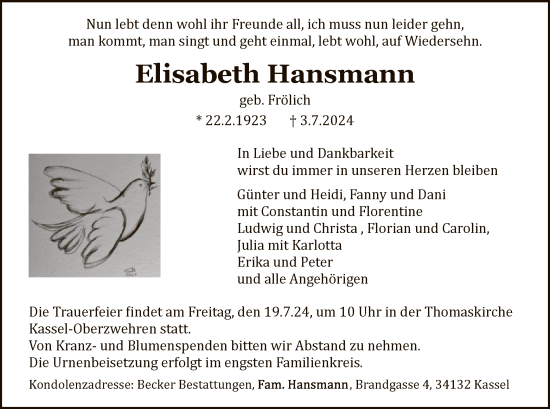 Todesanzeige von Elisabeth Hansmann von HNA