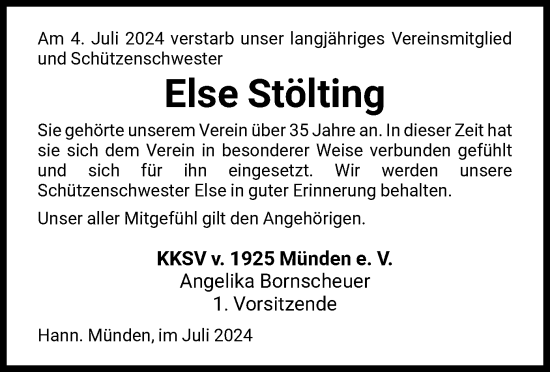 Todesanzeige von Else Stölting von HNA