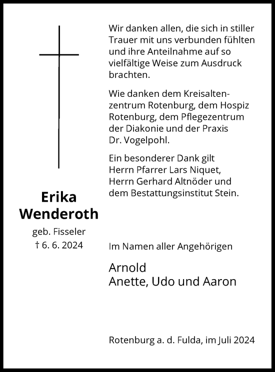 Todesanzeige von Erika Wenderoth von HNA