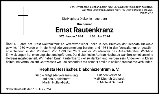 Todesanzeige von Ernst Rautenkranz von HNA