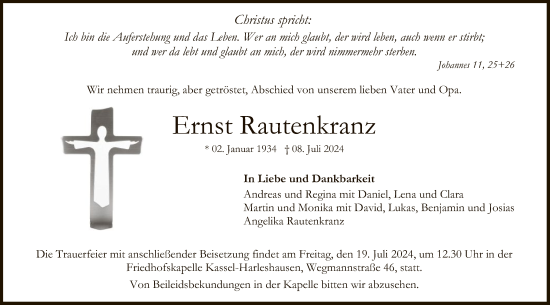 Todesanzeige von Ernst Rautenkranz von HNA