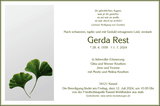 Todesanzeige von Gerda Rest von HNA