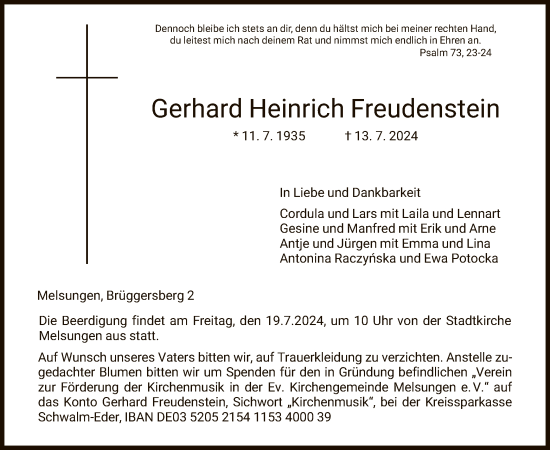 Todesanzeige von Gerhard Heinrich Freudenstein von HNAHNA