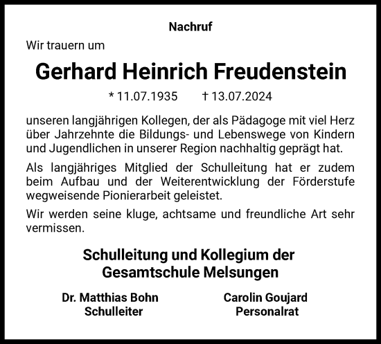 Todesanzeige von Gerhard Heinrich Freudenstein von HNA