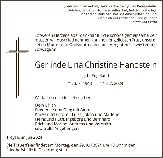 Todesanzeige von Gerlinde Lina Christine Handstein von HNA