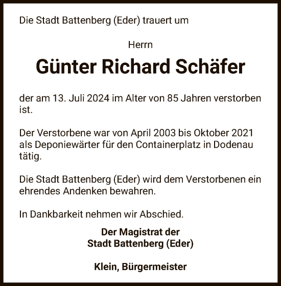 Todesanzeige von Günter Richard Schäfer von HNA