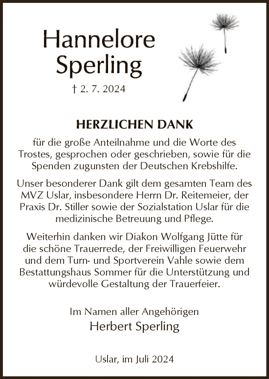 Todesanzeige von Hannelore Sperling von HNA