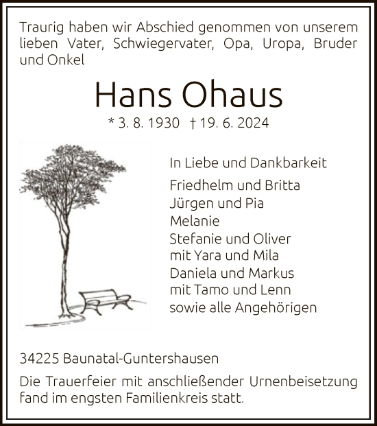Todesanzeige von Hans Ohaus von HNA