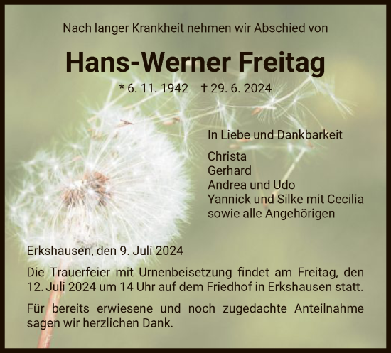 Todesanzeige von Hans-Werner Freitag von HNA