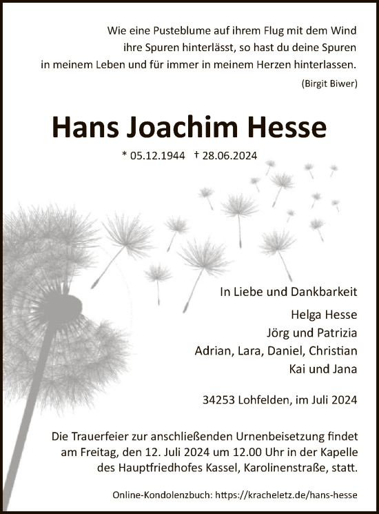 Todesanzeige von Hans Joachim Hesse von HNA