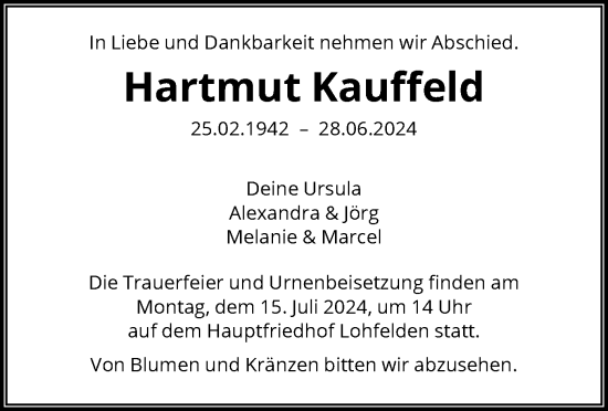 Todesanzeige von Hartmut Kauffeld von HNA