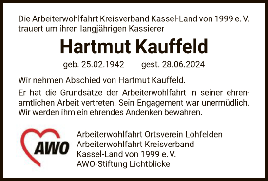 Todesanzeige von Hartmut Kauffeld von HNA