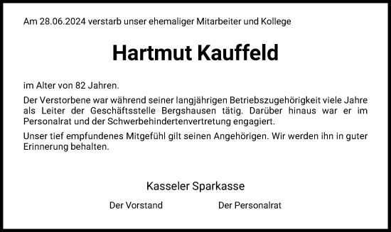 Todesanzeige von Hartmut Kauffeld von HNA