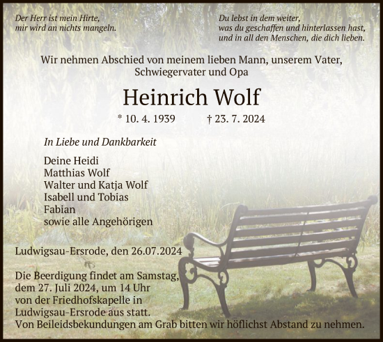 Todesanzeige von Heinrich Wolf von HZHNA