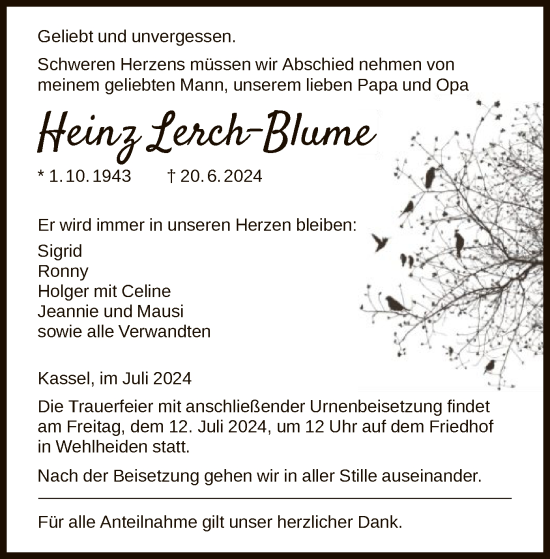 Todesanzeige von Heinz Lerch-Blume von HNA