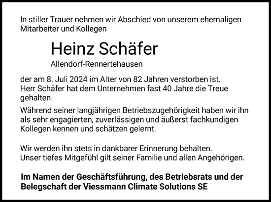 Todesanzeige von Heinz Schäfer von HNA