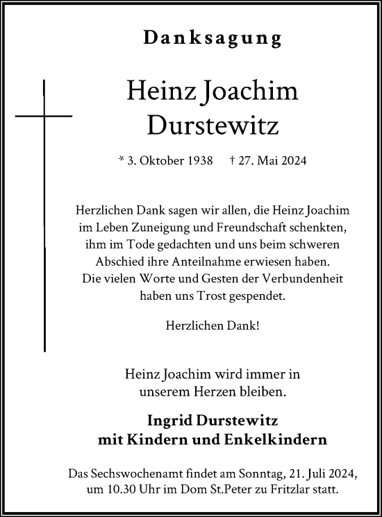 Todesanzeige von Heinz Joachim Durstewitz von HNA