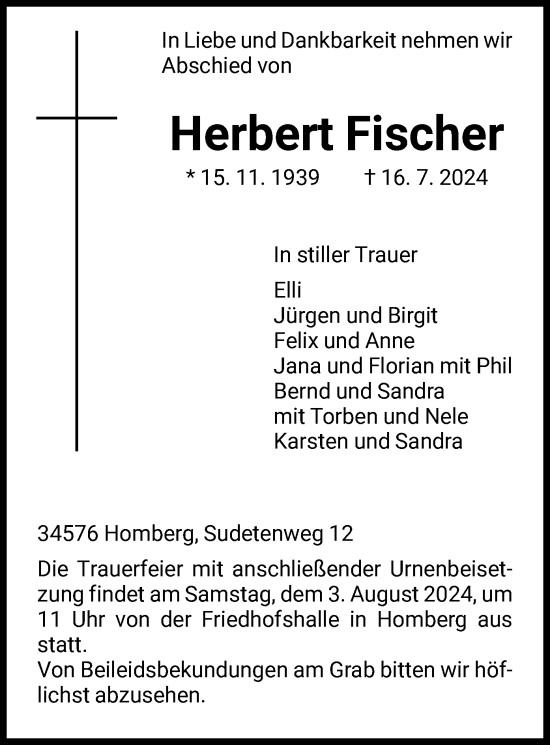 Todesanzeige von Herbert Fischer von HNAHNA