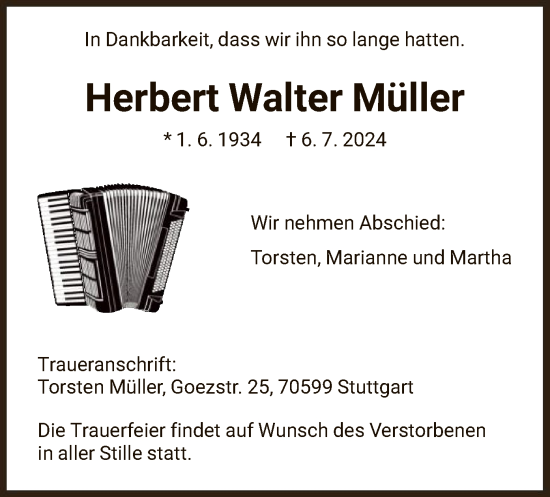 Todesanzeige von Herbert Walter Müller von HNA