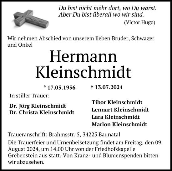 Todesanzeige von Hermann Kleinschmidt von HNA