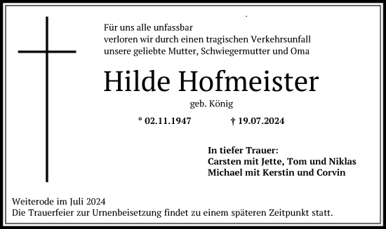 Todesanzeige von Hilde Hofmeister von HNA