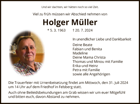 Todesanzeige von Holger Müller von HNA