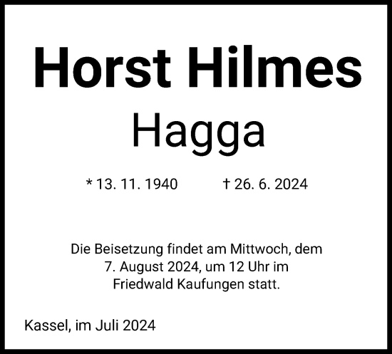 Todesanzeige von Horst Hilmes von HNA