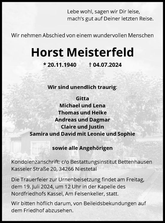Todesanzeige von Horst Meisterfeld von HNA