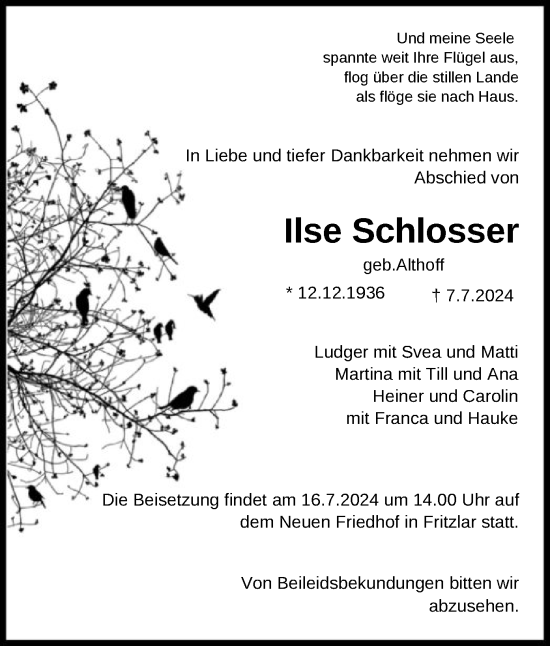 Todesanzeige von Ilse Schlosser von HNAHNA