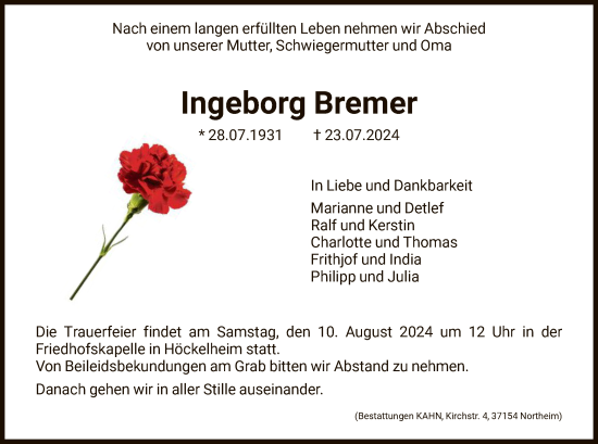 Todesanzeige von Ingeborg Bremer von HNA