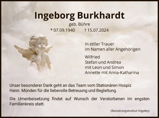 Todesanzeige von Ingeborg Burkhardt von HNA