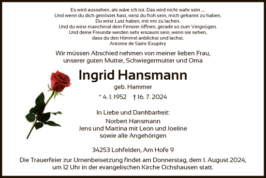 Todesanzeige von Ingrid Hansmann von HNA