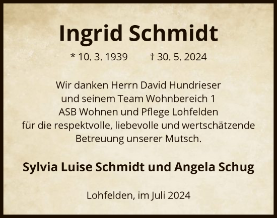 Todesanzeige von Ingrid Schmidt von HNA