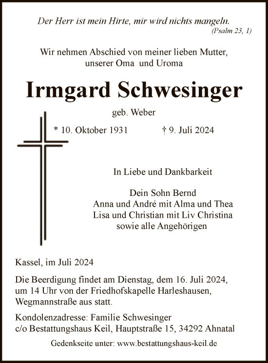 Todesanzeige von Irmgard Schwesinger von HNA