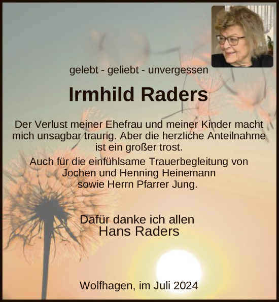 Todesanzeige von Irmhild Raders von HNA