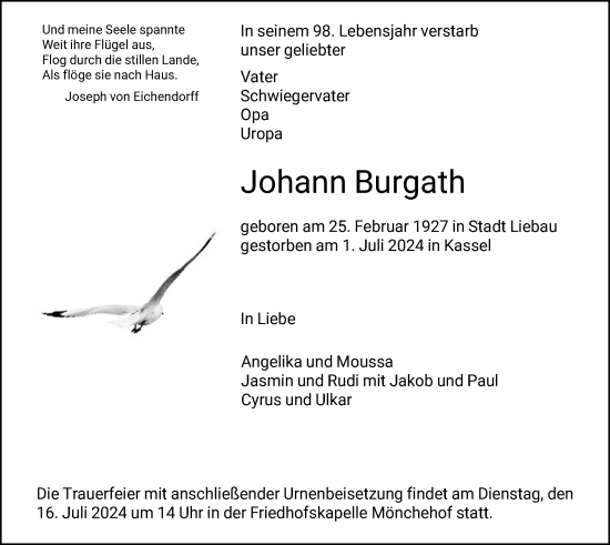 Todesanzeige von Johann Burgath von HNA
