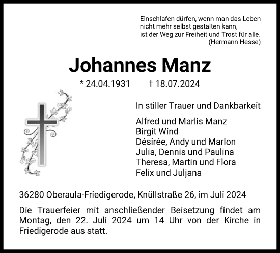 Todesanzeige von Johannes Manz von HNA